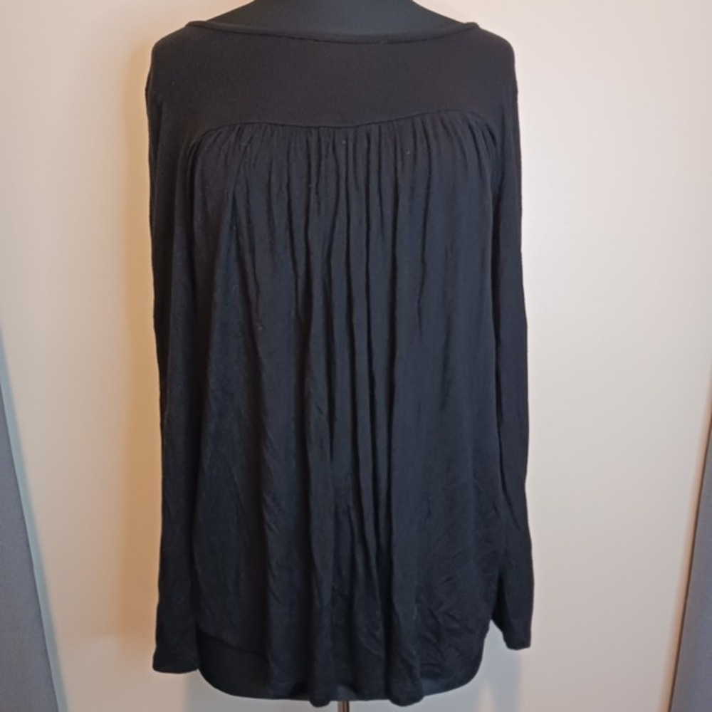Longyuan‎ Black Babydoll Tunic Top Women's XL Long Sleeve Ruched Casual Blouse